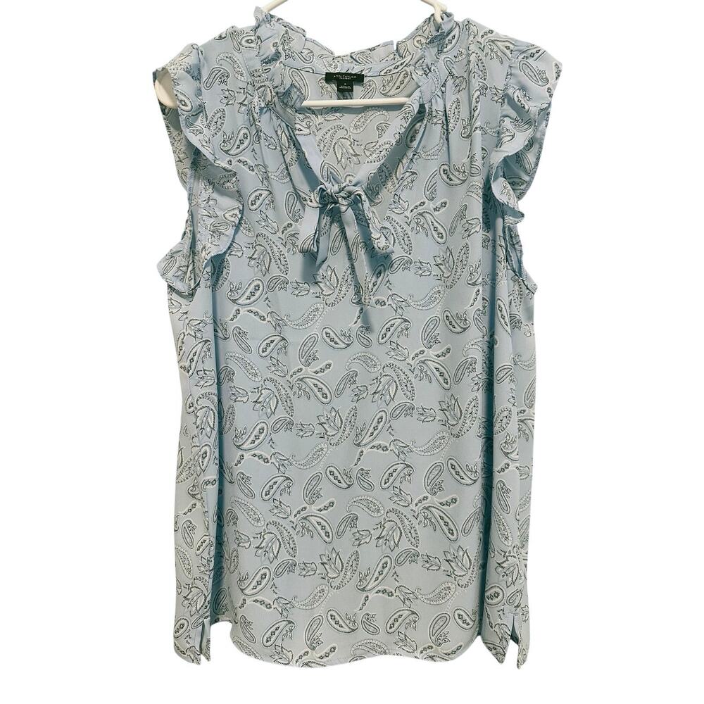 Ann Taylor Factory Paisley Ruffle Tie Neck Blouse Medium Blue Sleeveless Top